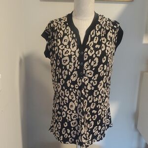 Black and Cream Leopard Print Split-Neck Blouse